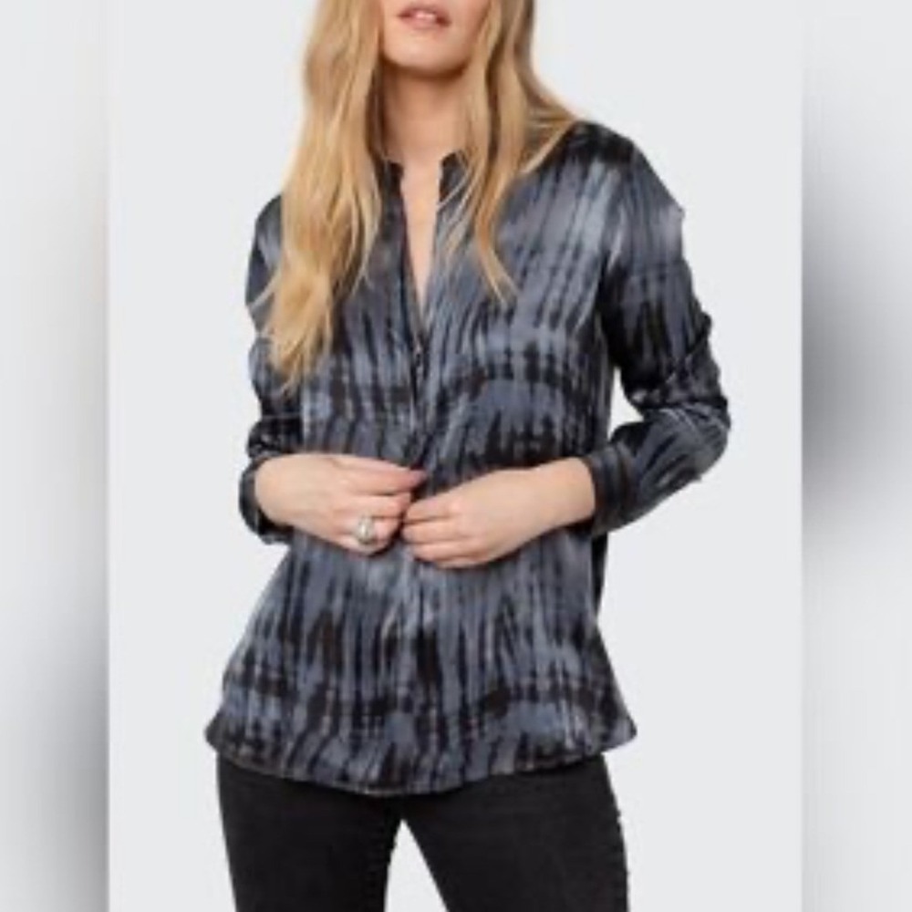 Rails Tie Dye Satin Blouse Grey Black Long Sleeve Button Front Top Medium